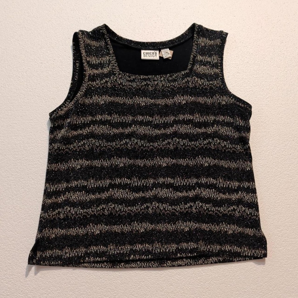 Womens Chicos Black Gold Striped Tank Top Size 3 L Excellent Glittery Metallic